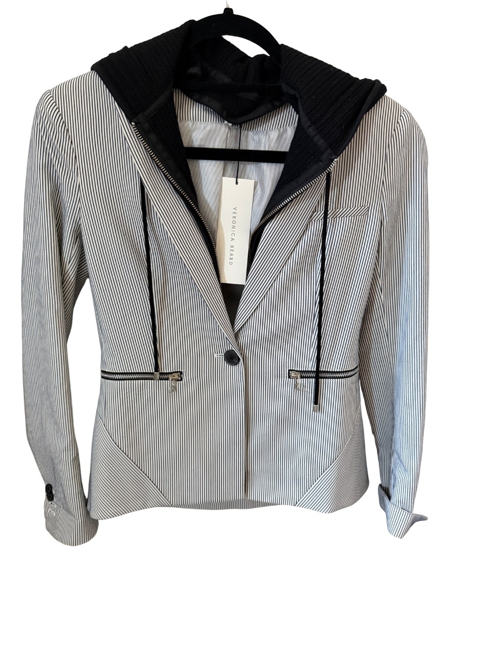 NWT Veronica Beard Navy & White Pinstripe Hooded Blazer